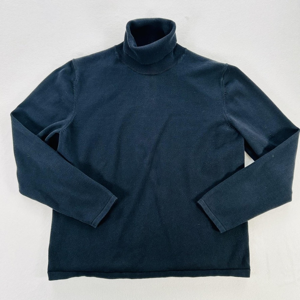 Lands End Sweater Womens Large Blue Black Turtleneck Knit Pullover Long Sleeve